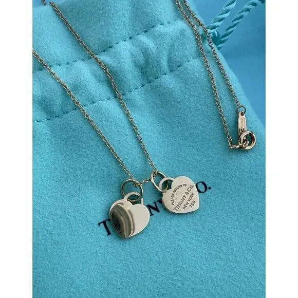 Return Tiffany & Co. 18k Gold MINI Double Heart Tag Pendant Necklace 18” READ - Picture 2 of 12